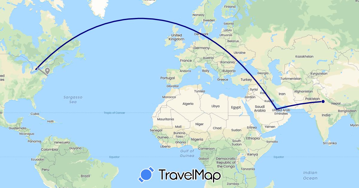 TravelMap itinerary: driving, plane in Canada, India, Qatar, United States (Asia, North America)
